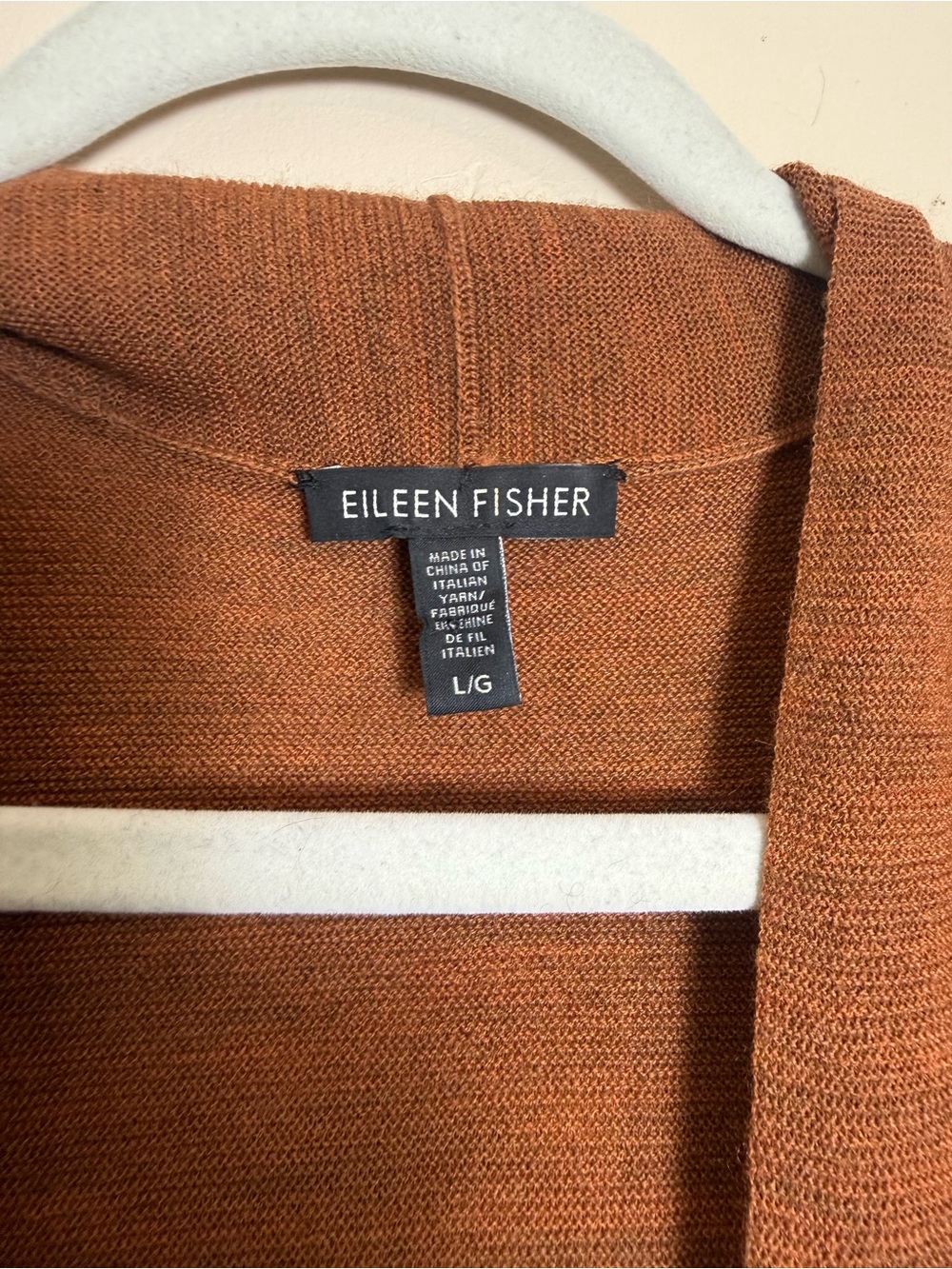 Eileen Fisher Long Wool Cardigan Open-Front Burnt Orange-Brown Merino Sweater - Picture 3 of 5